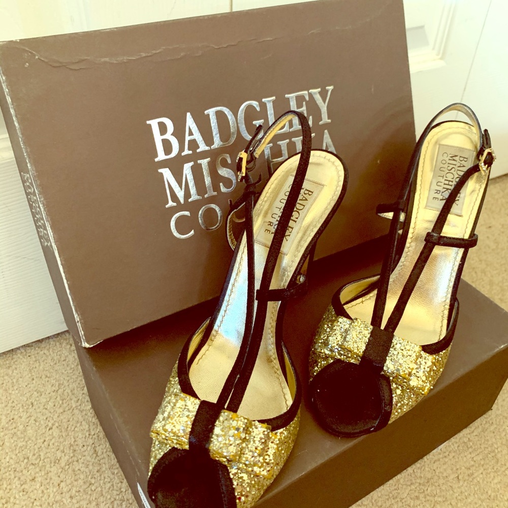 Bagdley Mischka gold and black glitter heels